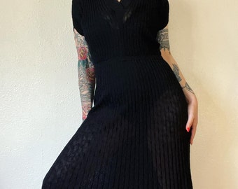 Vintage I.Magnin late 1940’s/early 1950’s black DuPont Orlon by Kimberly wide nubby rib knit slip dress with crossover vneck line and dolman