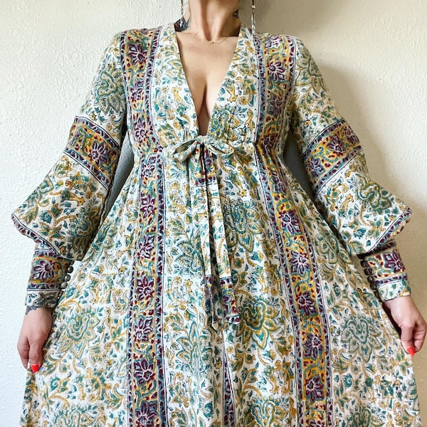 1970s Block Print Indian Cotton Caftan