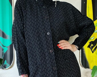 Vintage 1980’s Tamotsu for Ann Taylor, black & white static stripe raglan sleeve lightweight wool coat