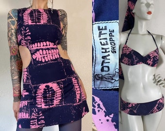 Rare Vintage late 1960’s OTAHEITE Shoppe pink & navy Hawaiian print cut out mini mod dress, bikini and wrap 4 piece set