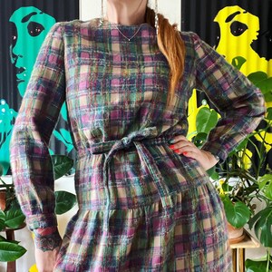Vintage 1970’s rainbow plaid mohair midi dress with inset drawstring waist belt, slight blouson sleeves and a classic gathered drop waist