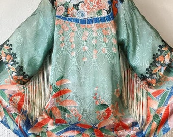 Antique 1920’s exquisitely designed mint green floral & seigaiha jacquard pongee kimono robe with wide drop shoulder sleeves, macrame fringe