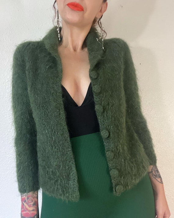 Vintage 1940’s/1950’s mossy green shaggy mohair h… - image 9