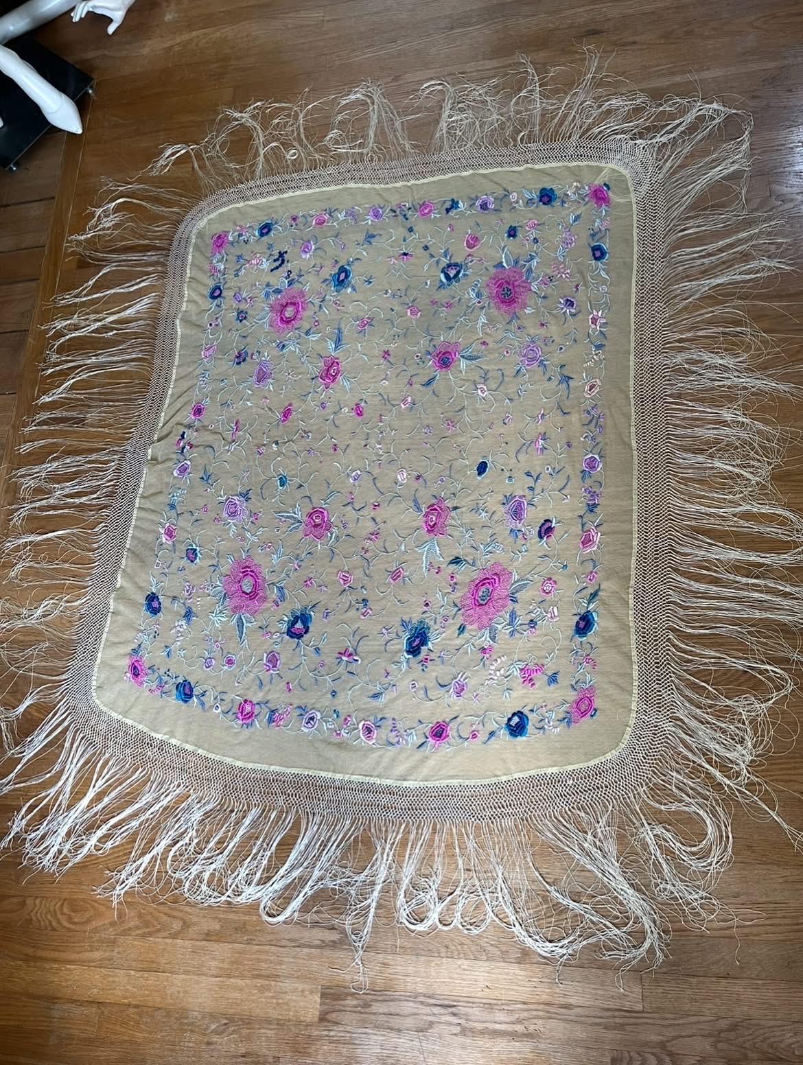 Rare Antique 1910's/1920's Ivory Silk Net Floral Hand Embroidered