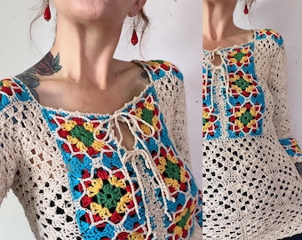 Antique/Vintage 1930’s cotton hand crochet sweater with a v-vibrant primary & secondary palette, double squared neckline, slight bell sleeve