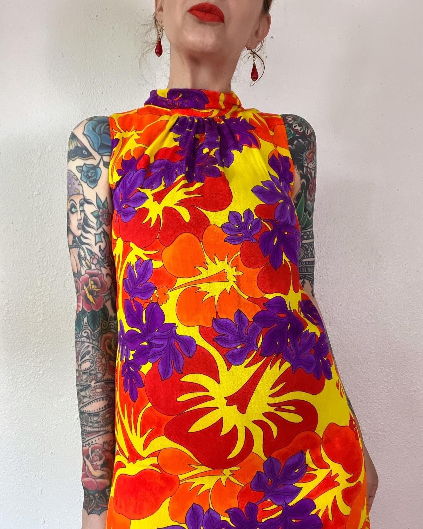 Vintage 1960's Neon Yellow, Purple, Orange & Red Barkcloth
