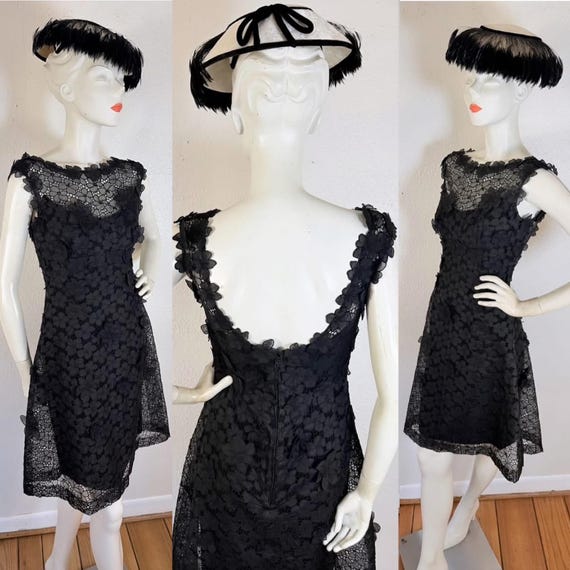 Designer Vintage 1960’s Luis Estévez black 3D floral cotton eyelet lace dress with a saucy illusion neckline & low dipped back
