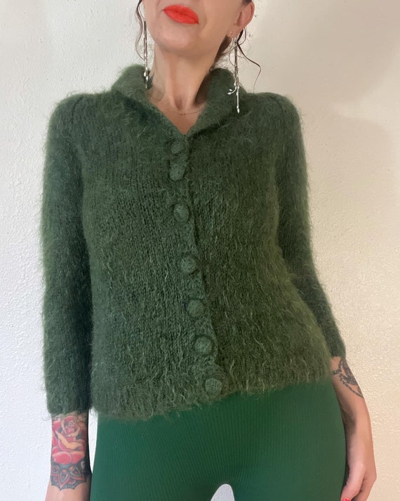 Vintage 1940’s/1950’s mossy green shaggy mohair h… - image 3