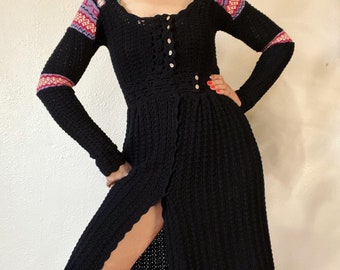 Vintage Y2K black cotton crochet knit sweater/dress with pops of intarsia and the most killer cut by Betsey Johnson