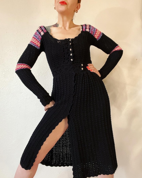 Vintage Y2K Black Cotton Crochet Knit Sweater/dress With Vintage Y2K Black Cotton Crochet Knit Sweater/dress With