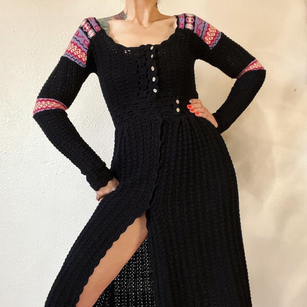 Vintage Y2K black cotton crochet knit sweater/dress with pops of intarsia and the most killer cut by Betsey Johnson