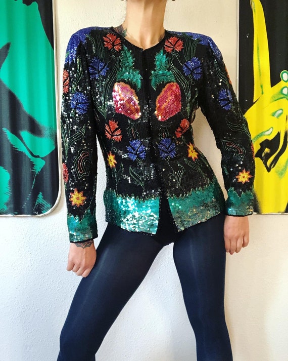 Vintage 1980s Green Pink Yellow Black Blue Purple Sequin and Bead Embellished Palette Perfection Cardigan jacket blouse Etsy