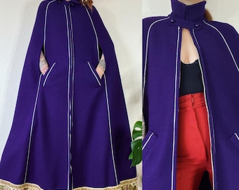 Vintage 1960’s brightest dark purple wool cape with tonal confetti flecks, princess seams, contrast topstitch, tapestry hem, metal zipper