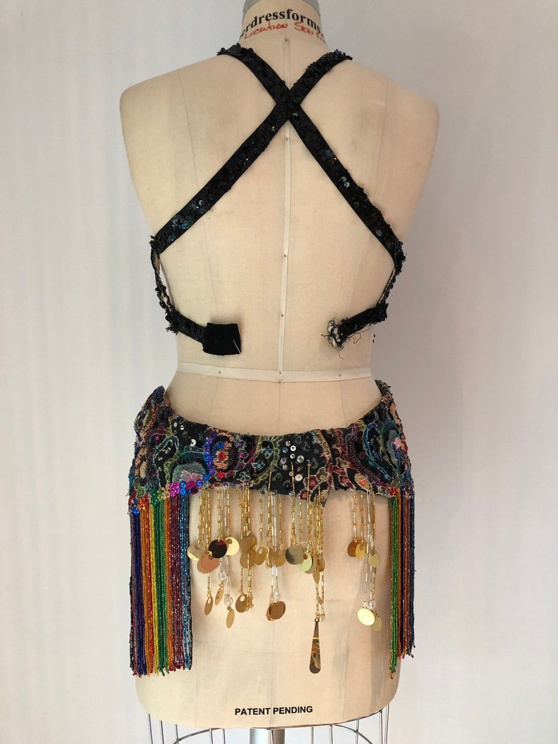 Mardi Gras Pride costume Vintage Hallowe Rainbow sparkle insanity with this completely handmade sequin and bead bustier and hip skirt set