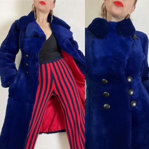 Rare Vintage 1960’s brightest rich royal blue rabbit fur mod coat with double breasted closure, extra large lapel collar, faux leather