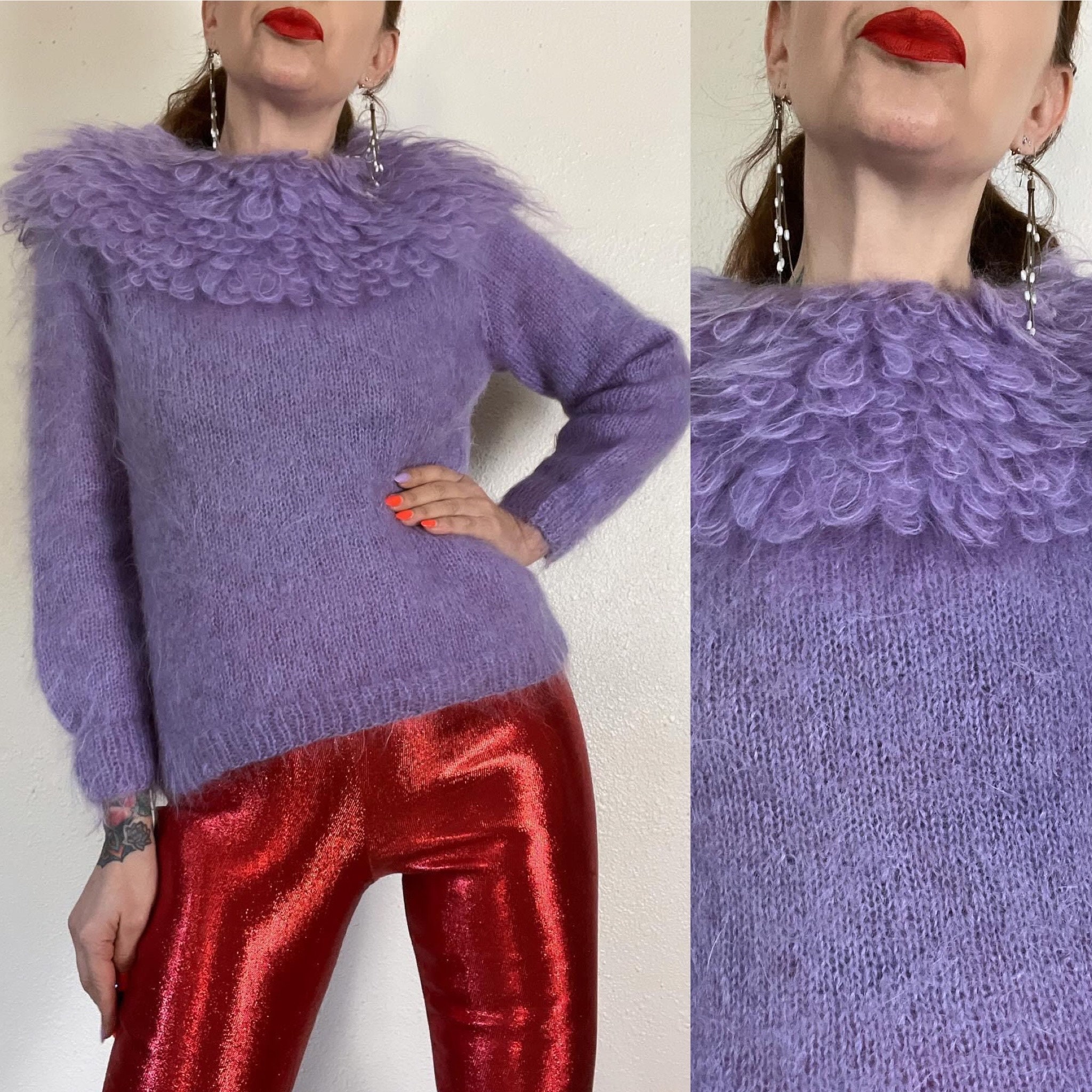 Vintage 1960s Bright Lilac Hand Knit Shaggy Mohair Sweater With 