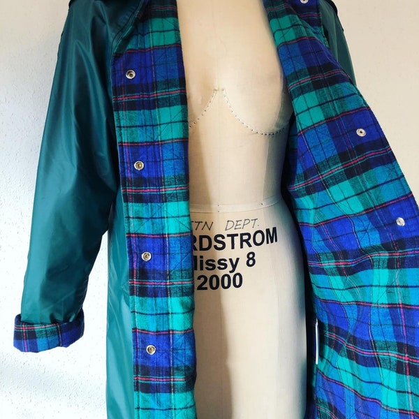 Vintage 1980’s plaid flannel lined Bottle Green full length rain coat by Misty Harbor.