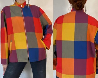 Vintage 1960’s cotton blend rainbow plaid mod windbreaker/light weight nautical/surfer jacket with metal Talon zip front, welt pockets