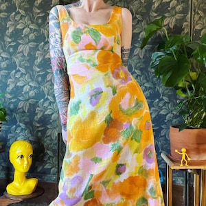 Vintage 1960’s yellow orange floral waterfall bejeweled low back maxi dress
