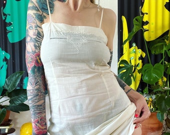 Antique 1920’s softest ivory cotton slip with delicate fagoting & embroidery details along the bustline