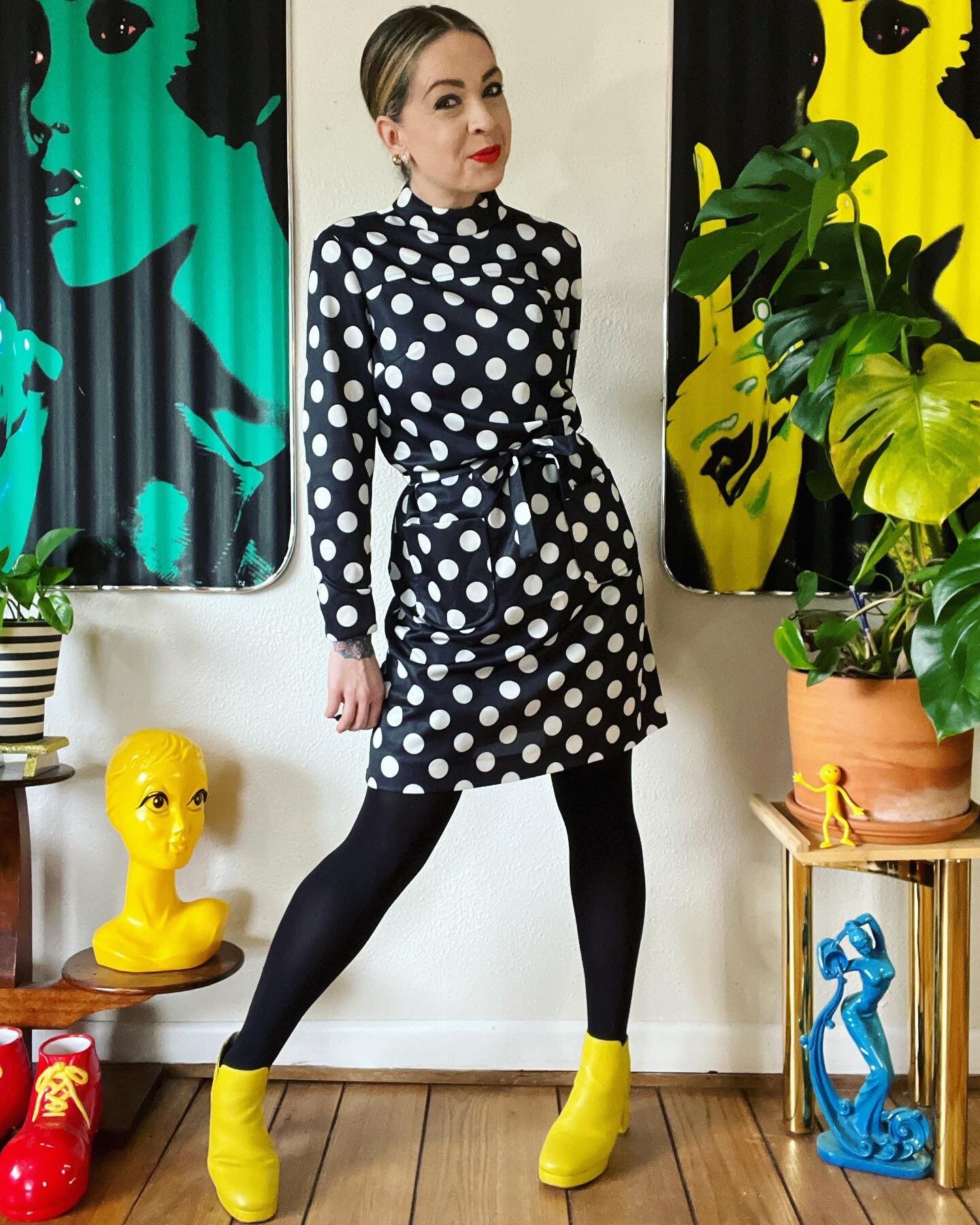 Vintage 1960's Black and White Polka Dot Double Knit Mini