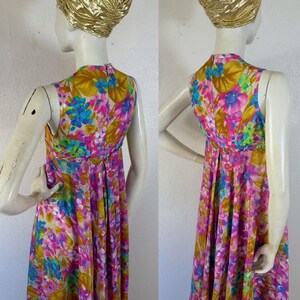 Vintage late 1960’s pastel rainbow watercolor floral jumpsuit with sweeping extra wide pant legs & pearl trimmed empire waist, palazzo image 6