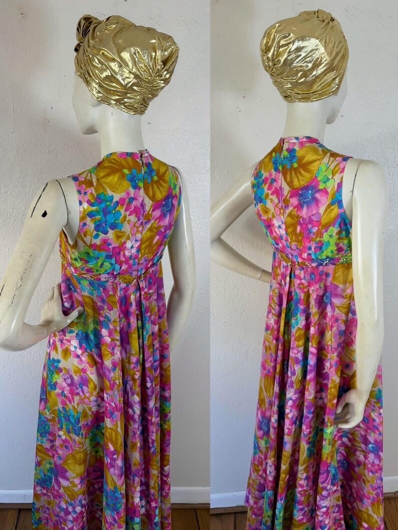 Vintage late 1960’s pastel rainbow watercolor floral jumpsuit with sweeping extra wide pant legs & pearl trimmed empire waist, palazzo image 6