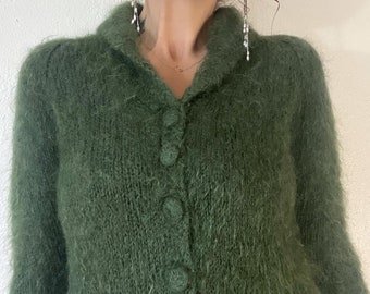 Vintage 1940's/1950's Mossy Green Shaggy Mohair Hand Knit