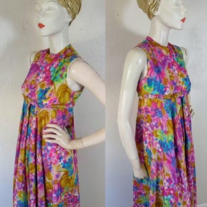 Vintage late 1960’s pastel rainbow watercolor floral jumpsuit with sweeping extra wide pant legs & pearl trimmed empire waist, palazzo image 3