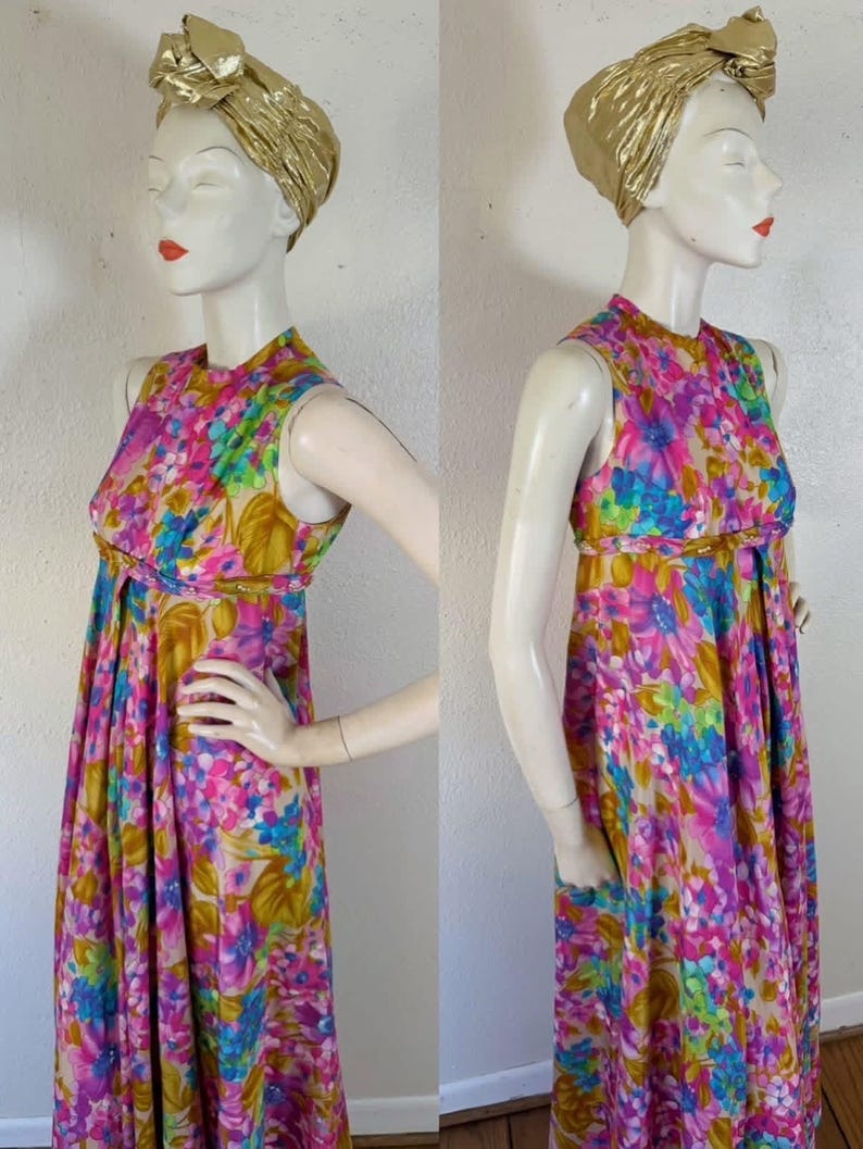 Vintage late 1960’s pastel rainbow watercolor floral jumpsuit with sweeping extra wide pant legs & pearl trimmed empire waist, palazzo image 3