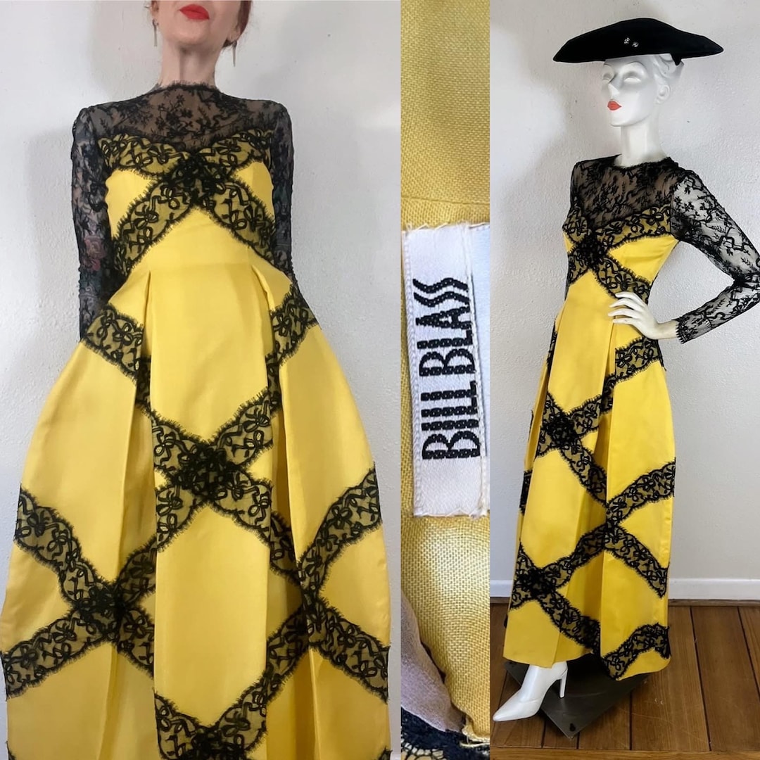 Designer Vintage 1970's Bill Blass yellow & Black silk and lace evening gown with illusion neckline and the most incredible sculpted skirt Designer Vintage 1970's Bill Blass yellow & Black silk and lace evening gown with illusion neckline and the most incredible sculpted skirt
