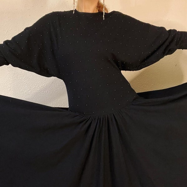 Vintage 1980’s does 1940’s black sweater super soft knit drop waist dress, embellished with black pearls, side pockets and the biggest sweep