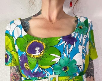Vintage 1960's Polished Cotton Bold Painterly Floral Empire