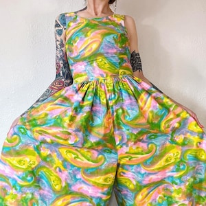 Vintage 1960’s psychedelic swirl bright pastel jumpsuit with extra wide legs and single side pocket