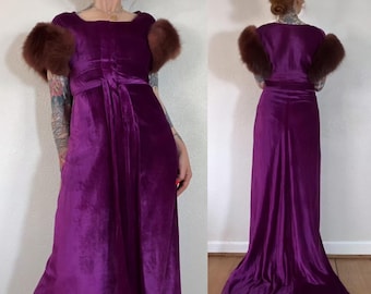 Rare Antique/Vintage 1930’s purple orchid panne velvet trained gown with chocolate fox fur cap sleeves, extra long waist sash & center front