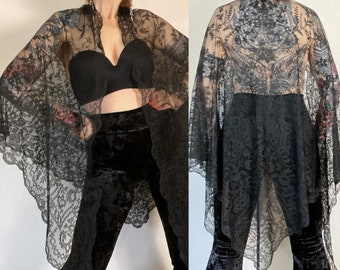Antique black netted floral lace mourning shawl with scalloped edging