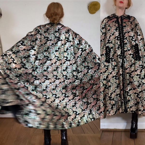 Vintage 1960’s floral rose brocade cape in shimmering metallic shades of iridescent pink, silver, gold & green; wide collar, thick rope trim