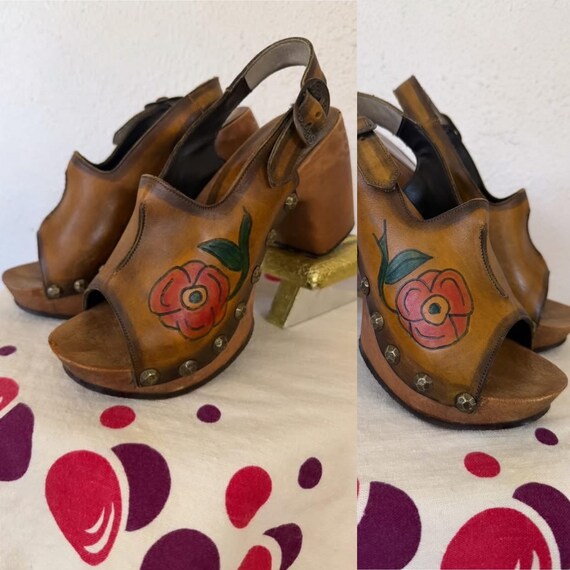 Rare Vintage 1970’s Sbicca “Rockers” studded wooden platforms with burnished leather & hand painted flower motif