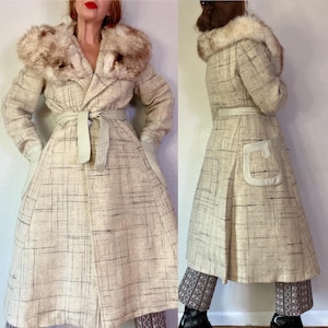 Vintage 1960’s/1970’s ivory static tweed princess coat with gigantic arctic fox fur collar, leather waist tie, large leather trim pockets