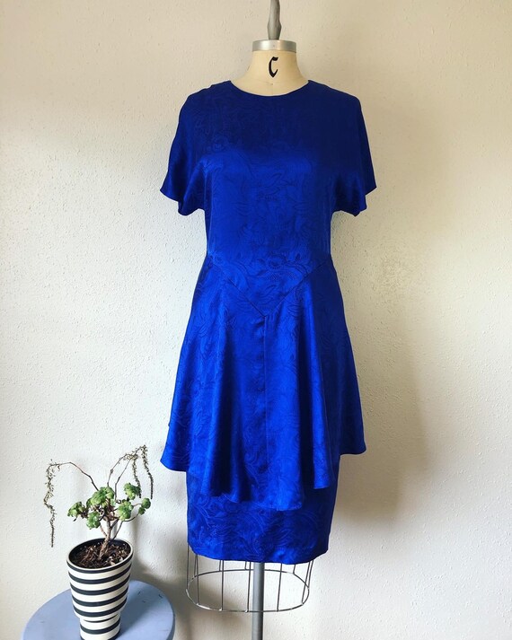 Vintage 80s silk peplum dress, Sapphire Blue 100%