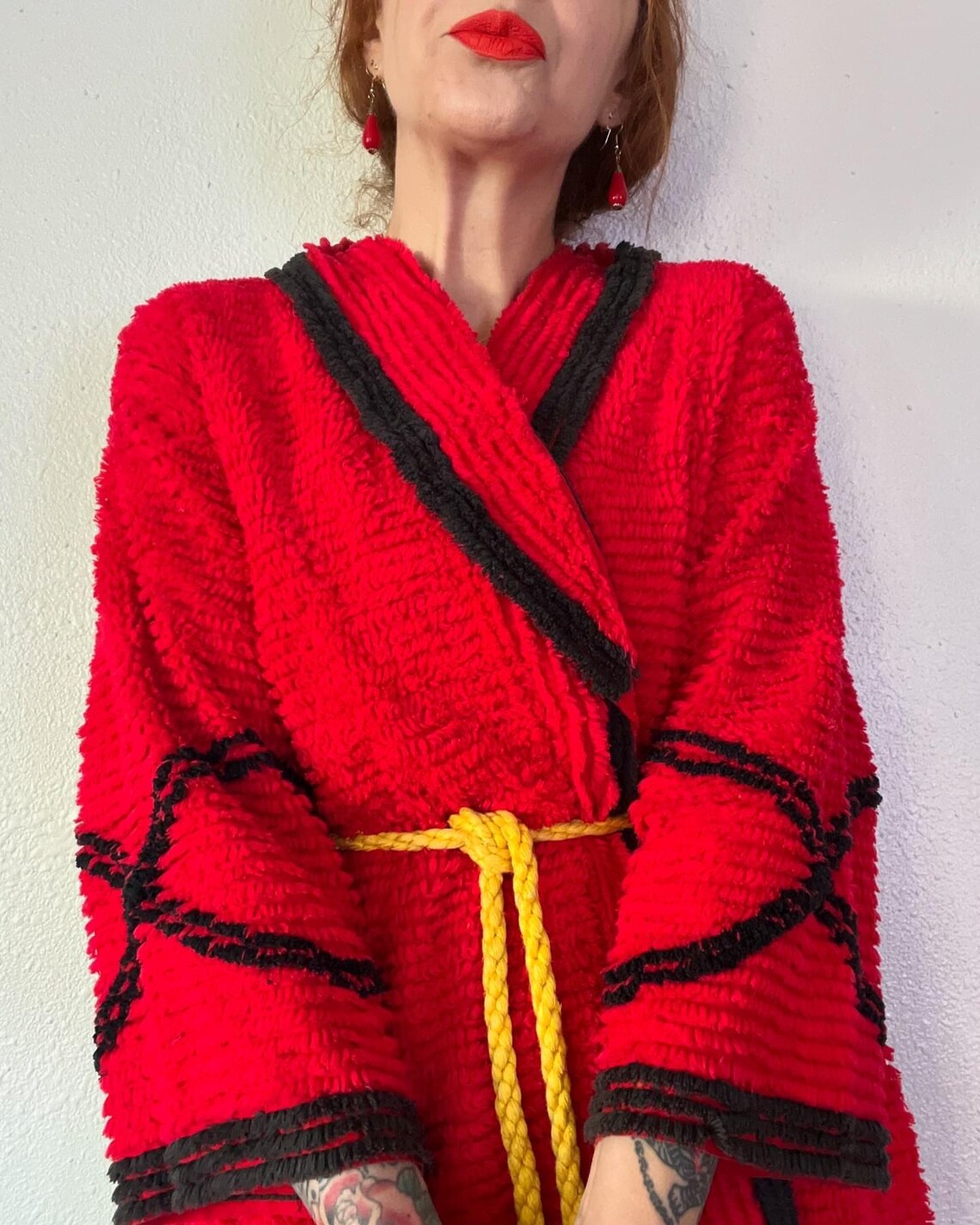 Jade Robe With Pockets Vintage 1940’s Red Chenille Robe With Black Trimmings & Vibrant Peacock ...