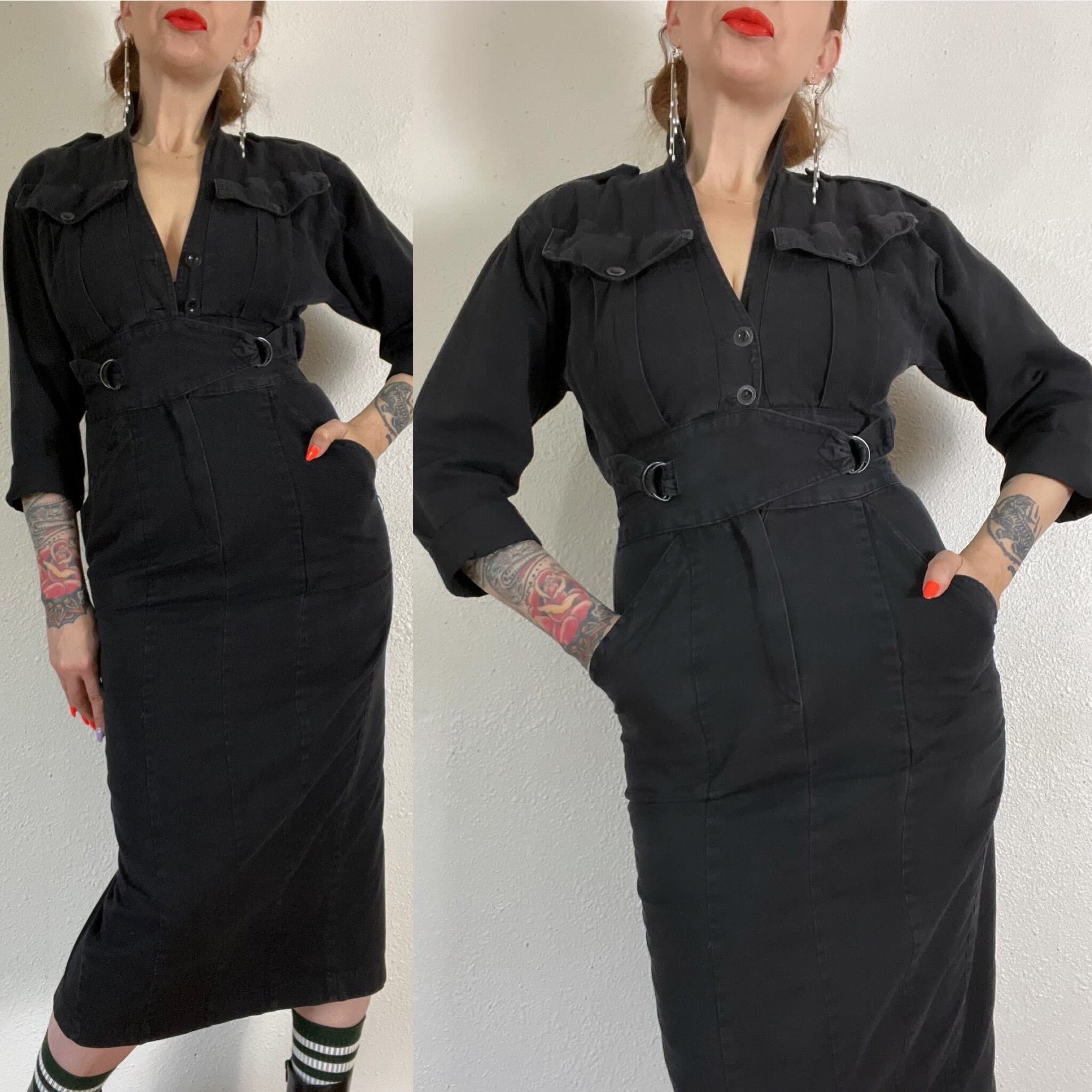 Vintage 1980’s does 1940’s Foxy Lady washed black cotton twill wiggle dress with box pleat chest pockets, cinched waist, pencil skirt