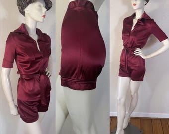 Vintage 1970’s Happy Legs shimmering Bordeaux hammered stretch satin hot pants set with dagger collar top, belt & hot pants