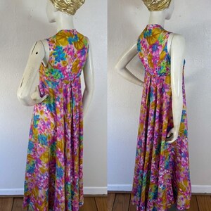 Vintage late 1960’s pastel rainbow watercolor floral jumpsuit with sweeping extra wide pant legs & pearl trimmed empire waist, palazzo image 7
