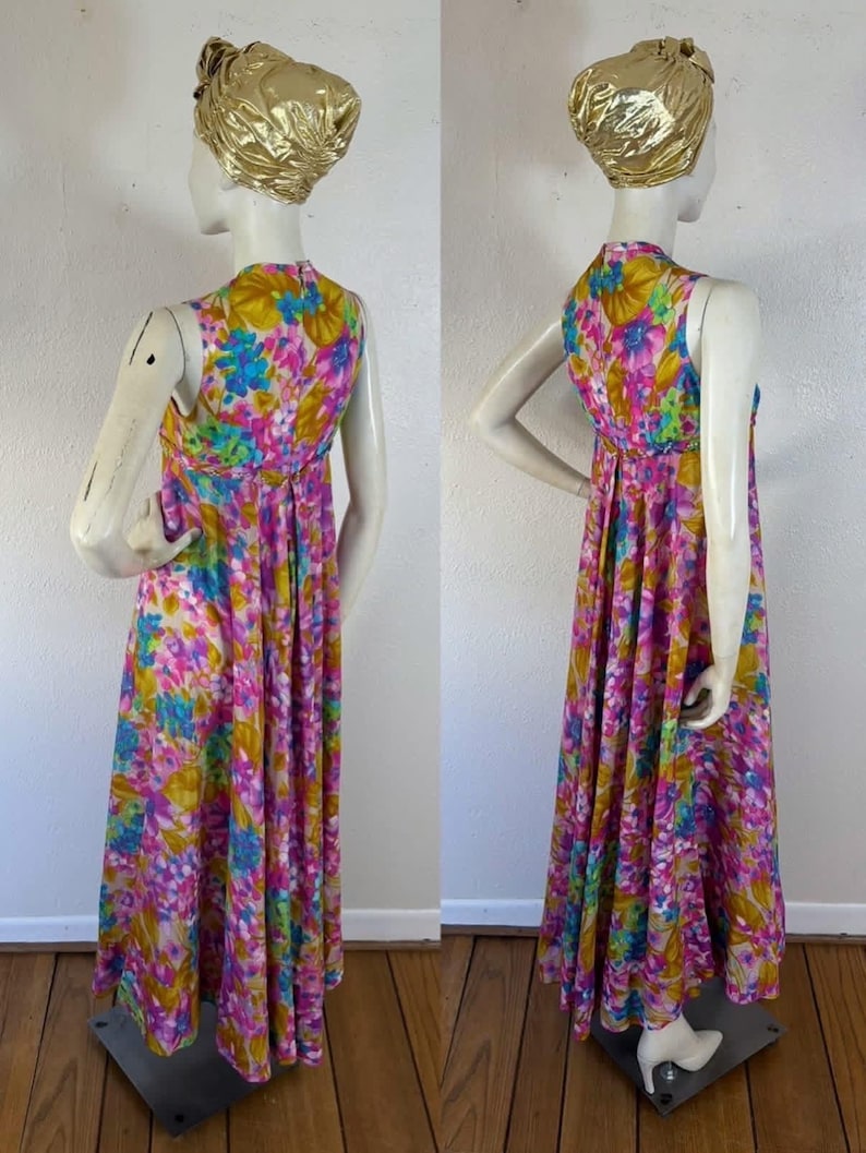 Vintage late 1960’s pastel rainbow watercolor floral jumpsuit with sweeping extra wide pant legs & pearl trimmed empire waist, palazzo image 7