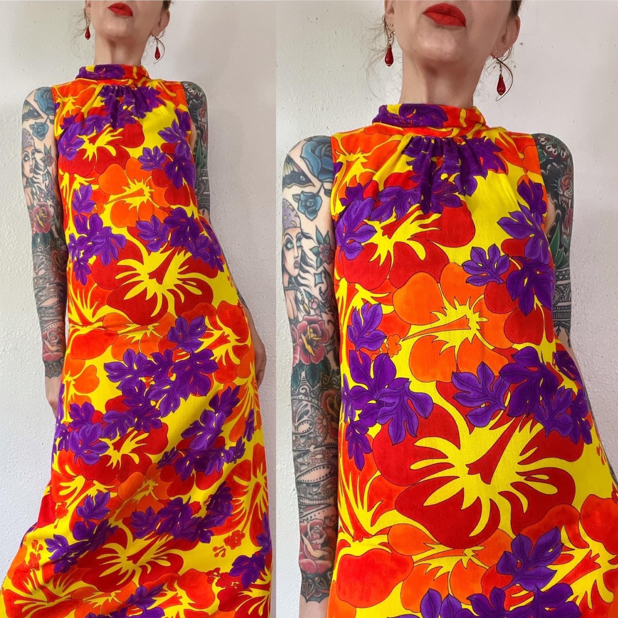 Vintage 1960's Neon Yellow, Purple, Orange & Red Barkcloth