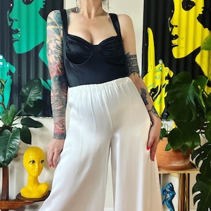 Vintage 1970’s snow white liquid satin wide leg bells with elastic waist by Lady Manhattan