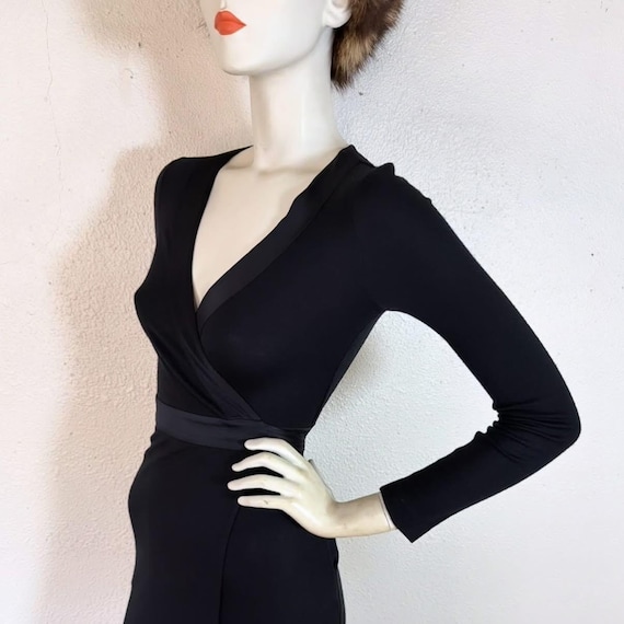 diane von furstenberg black wrap dress Designer Vintage 1990's Wool Knit With Silk Satin Trimming, Open Back, Plunging V-neckline, Pockets Hiding Under the Wedding modern minimalist satin dress the Ballerina Dress is Size:3XL/4XL