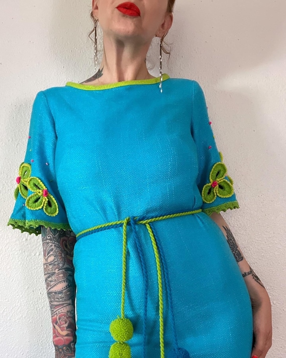 Vintage 1960’s turquoise blue mini dress with cut… - image 5