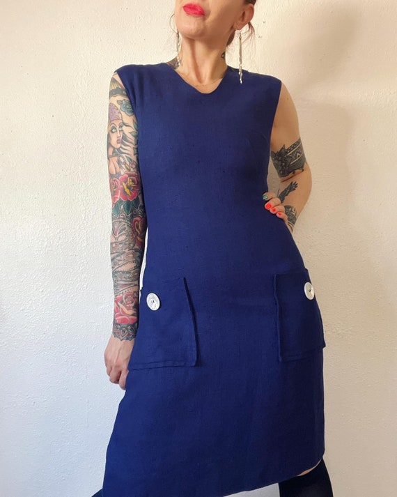 Vintage early 1960’s rich & bright navy blue slub… - image 4